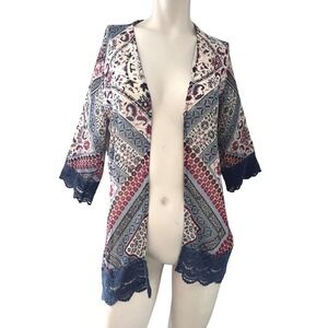 Jolt Kimono Open Front Floral Print Lace Trim Bohemian Cardigan Small Sheer Boho